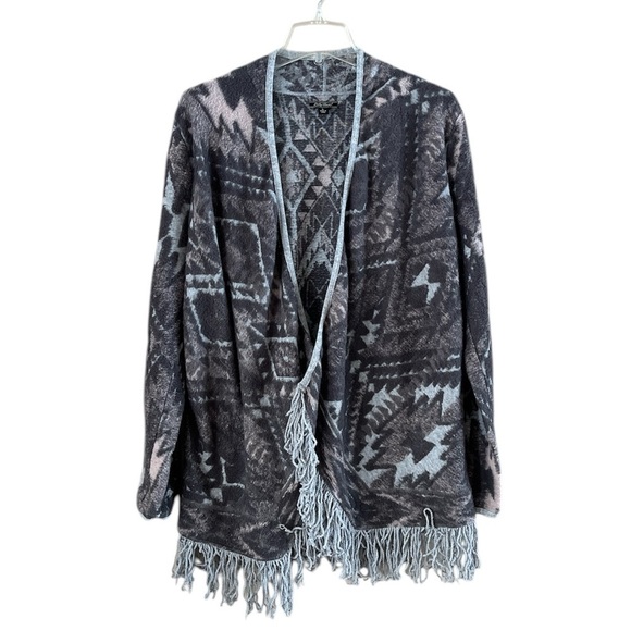 Lucky Brand Gray and Pink Patterned Cardigan Fringe Size Large - Picture 1 of 15